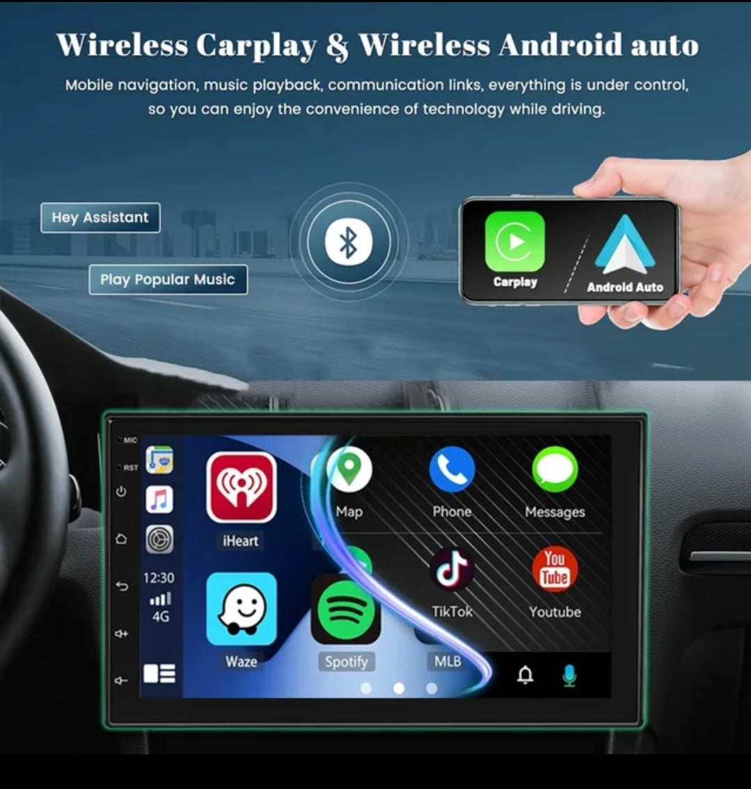 HS 7inch Double DIN Car Stereo, Wireless CarPlay & Wireless Android Auto, Touchscreen
